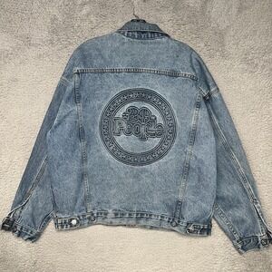 VTG 90s People Magazine 20th Anniversary Denim Jacket Sz L Emboss Distress 1994